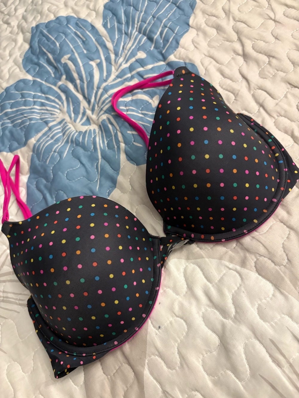 Women's Black Polka Dot T-Shirt Bra with Pink Straps